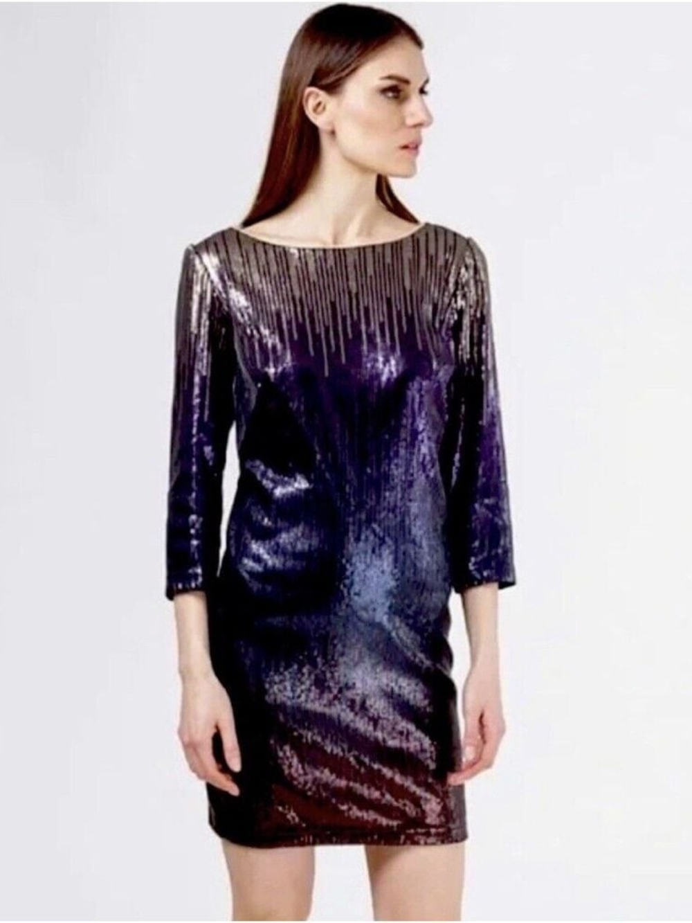 Karen Kane Iridescent Green And Blue Sequin Long-Sleeve Shift Dress